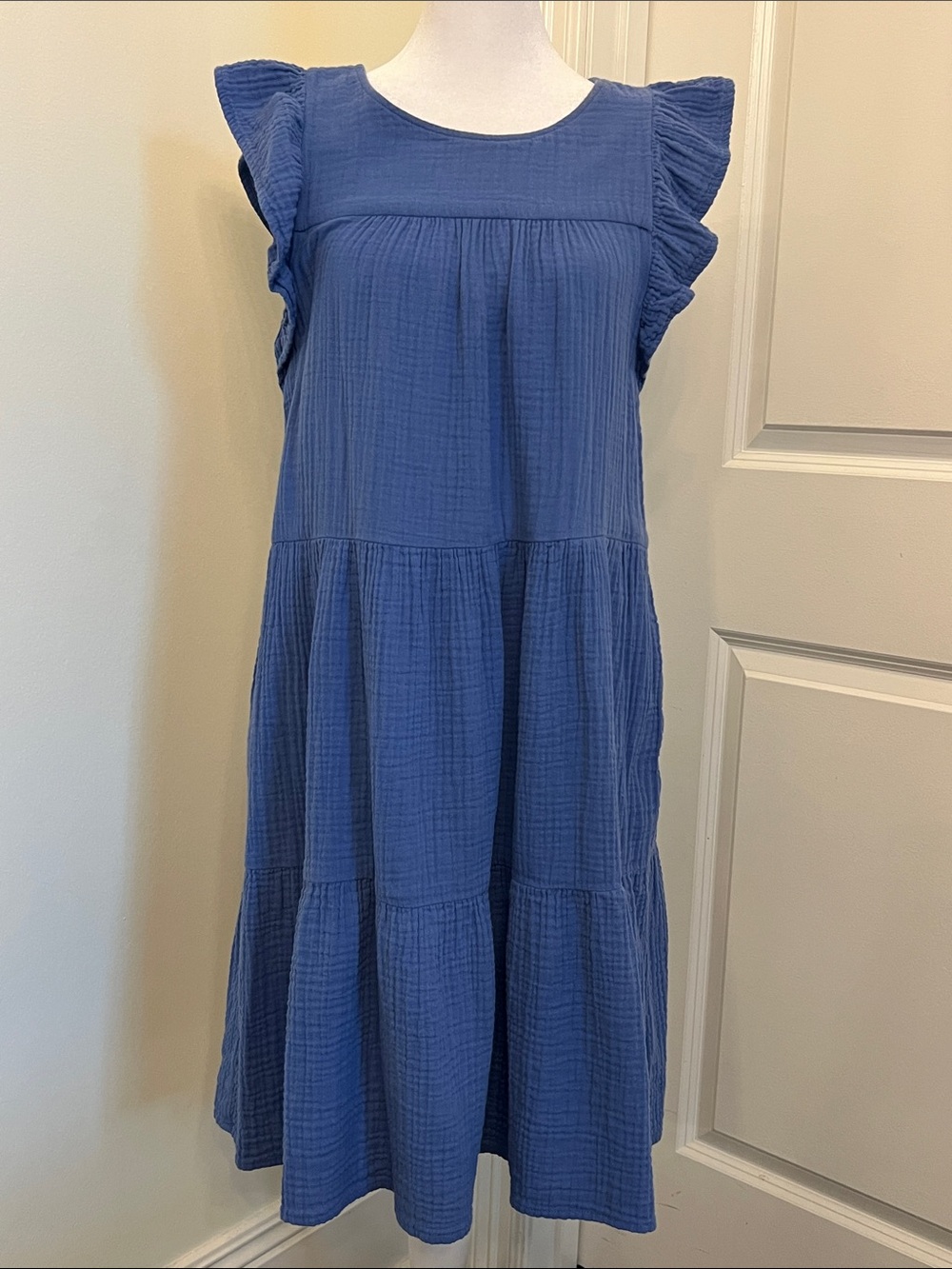 J. Crew Blue Gauze Flutter Sleeve Dress Women's 4